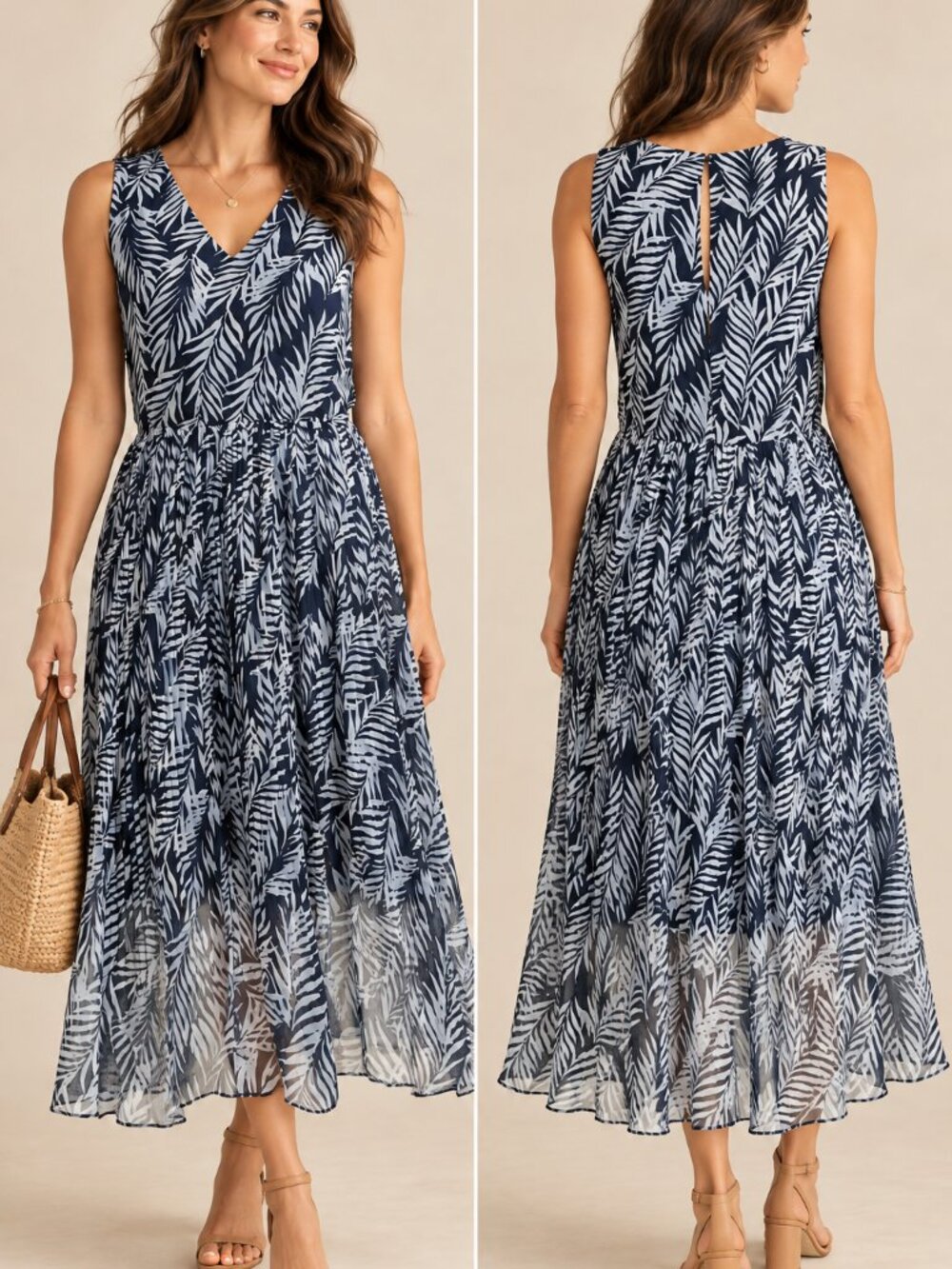 Ann Taylor Factory Navy White Leaf Print Pleated Midi Dress Size 6